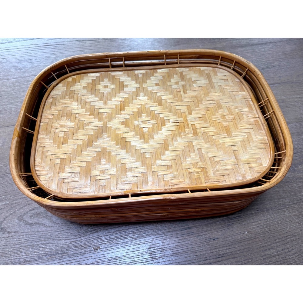 Set 10 Woven Bamboo Trays Natural Geometric Diamond Pattern Boho Serving Decor - Picture 6 of 10